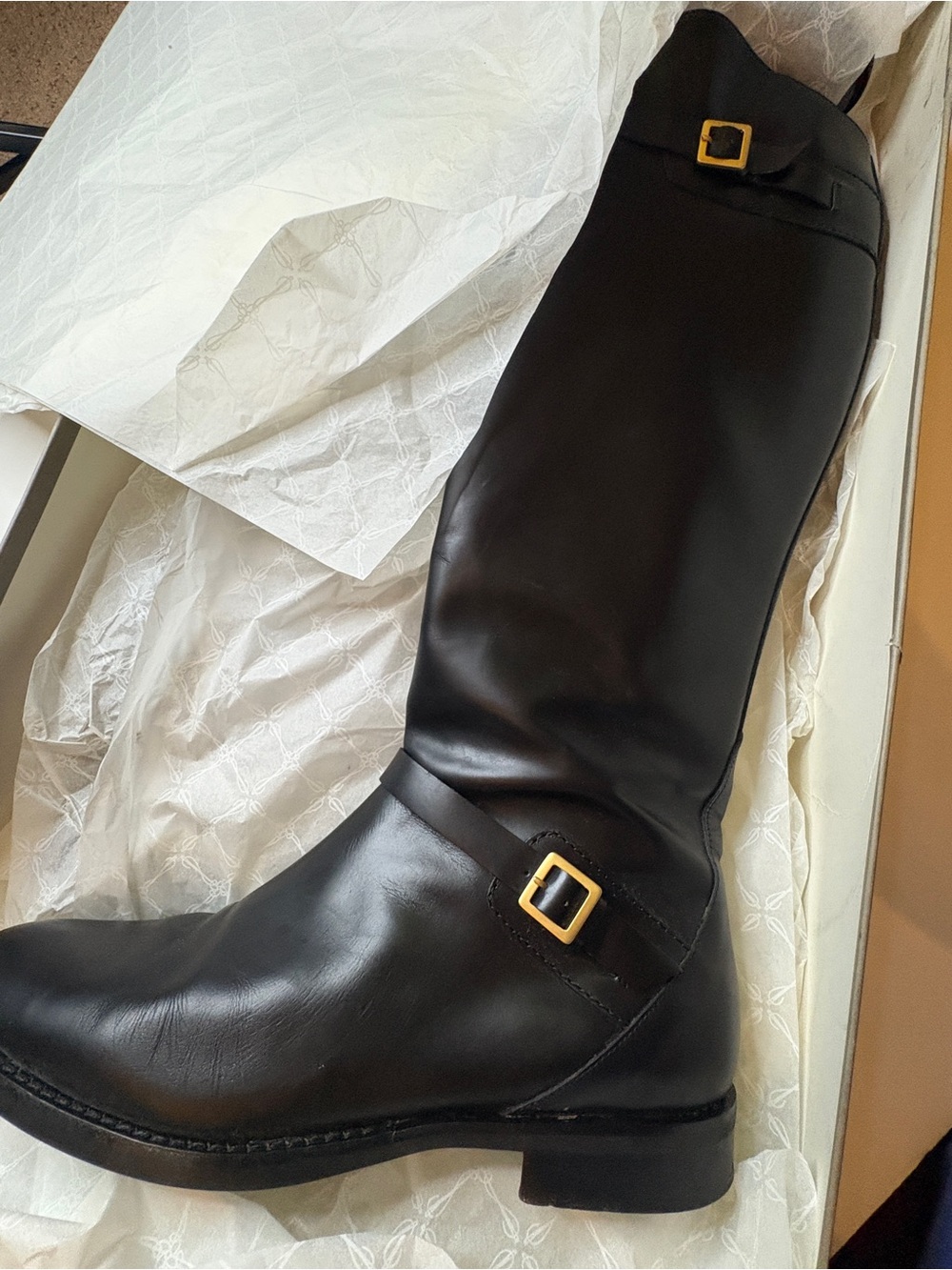 COLE HAAN Gratia black leather round toe riding crafted in Italy heeled boot - Picture 5 of 14